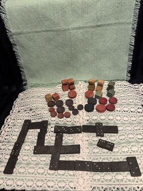 Vintage Wooden Dominoes, Blocks and Checkers Game Pieces